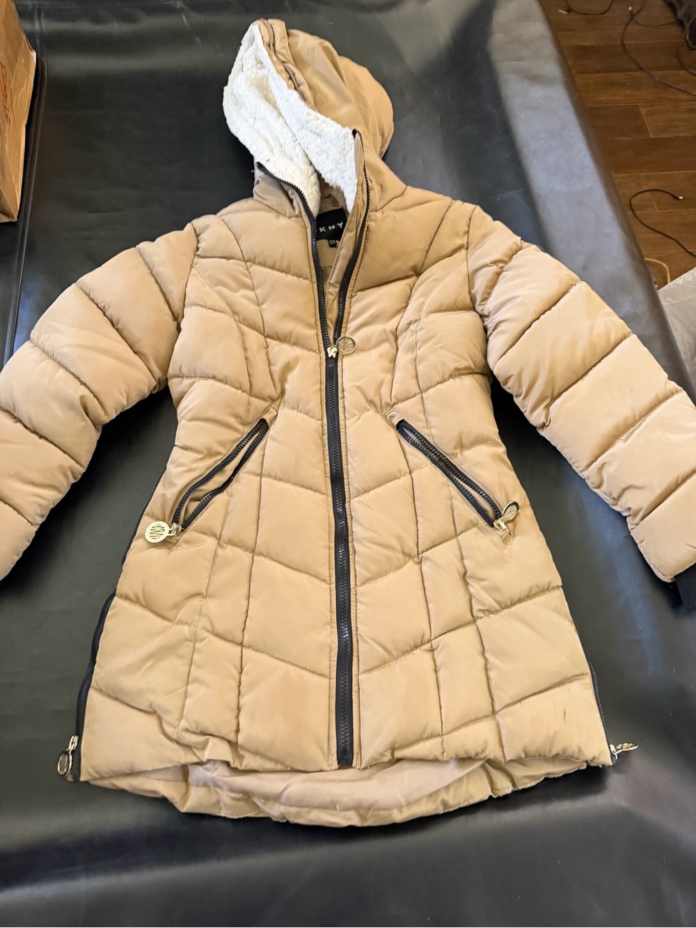 DKNY Girls Tan Hooded Quilted Puffer Coat